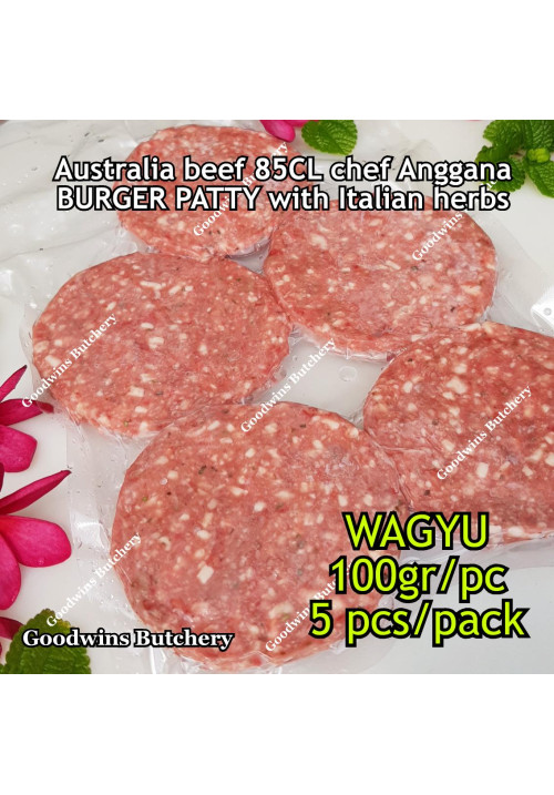 Australia beef mince 85CL Anggana's BURGER PATTY seasoned with Italian herbs WAGYU THIN frozen price for 500g 5pcs